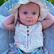 Billie joined the competition — help win amazing prizes! baby, child, infant, hat, floral_dress, seat, cushion, outdoor, grass, blue_eyes, relaxed, sunhat, cute, person, portrait, summer, childcare, baby_clothing, sitting, nature