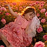 Mika is registered to the contest to win money with this photo: child, girl, flower_field, pink_dress, roses, sunset, nature, outdoor, portrait, flower_petals, dress, grass, sunlight, happy, beauty, spring, garden, flora, veiled, posing