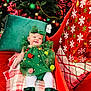 baby, child, christmas_tree, holiday, gift, red_sleigh, green_dress, headband, pompoms, white_tights, green_boots, plaid_blanket, christmas_ornaments, smiling, festive, holiday_decoration, indoors, celebration, seasonal, present