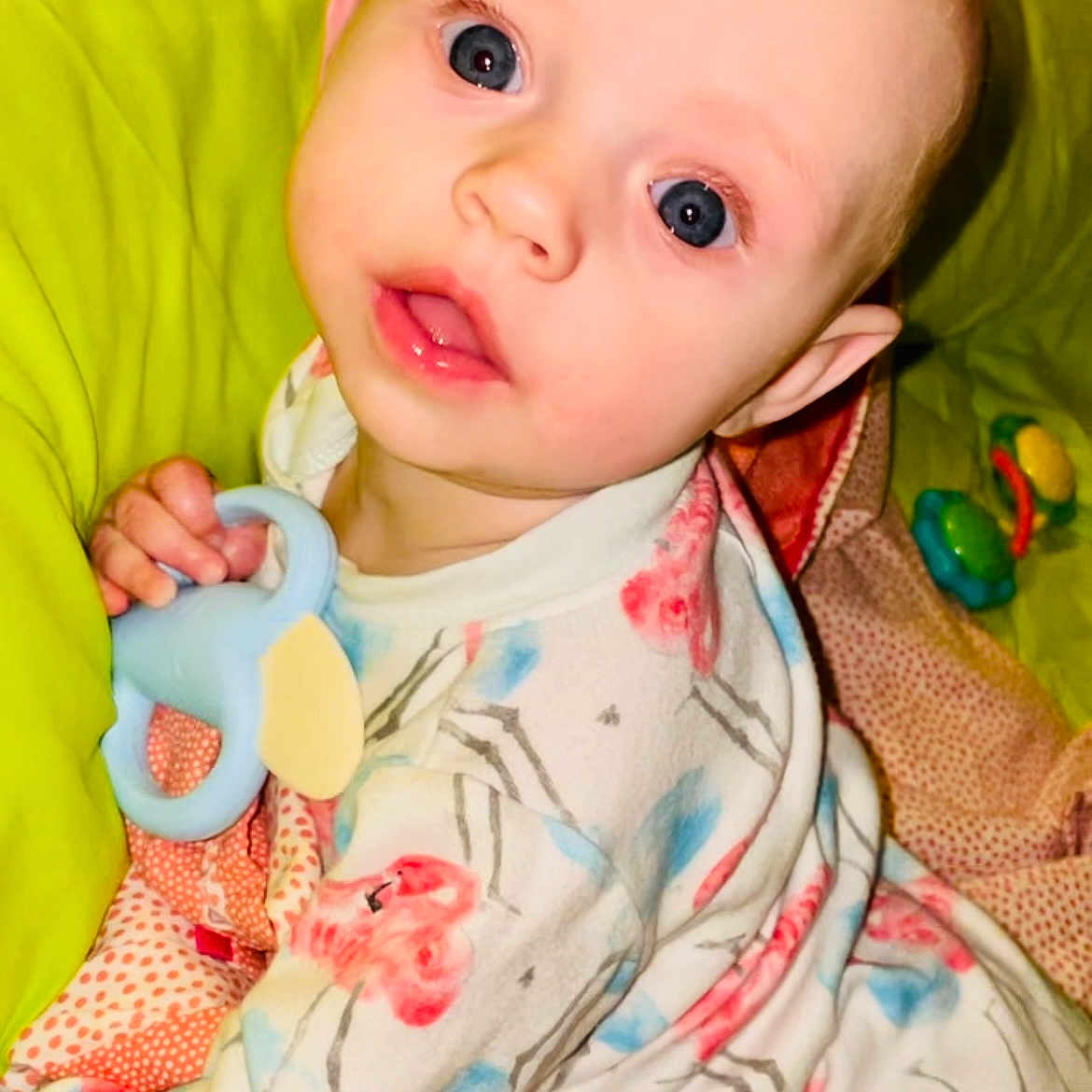Alora joined the competition — help win amazing prizes! baby, bed, blanket, bodypart, clothing, couch, cushion, dress, face, furniture, happy, head, homedecor, newborn, pajamas, person, photography, portrait, quilt, smile