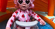 Jocelyn joined the competition — help win amazing prizes! baby, child, inflatable_pool, water, sunglasses, heart_shaped_glasses, swimsuit, strawberry_pattern, hat, pink, orange, toy_ball, summer, outdoor, splashing, sun_protection, cute, playtime, infant, canopy
