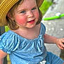 Jessica is registered to the contest to win money with this photo: blue_eyes, blue_outfit, casual_clothing, child, curly_hair, cute, face, happy, hat, nature, outdoor, person, portrait, rosy_cheeks, sitting, smile, straw_hat, summer, sunlight, young_girl