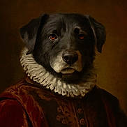Jenco participe au concours pour gagner de l'argent avec cette photo : animal, artistic, black_dog, brown_background, closeup, clothing, costume, dog, dressed_up, face, historical_style, indoor, majestic, noble, painting_style, pet, portrait, renaissance, ruffled_collar, serious