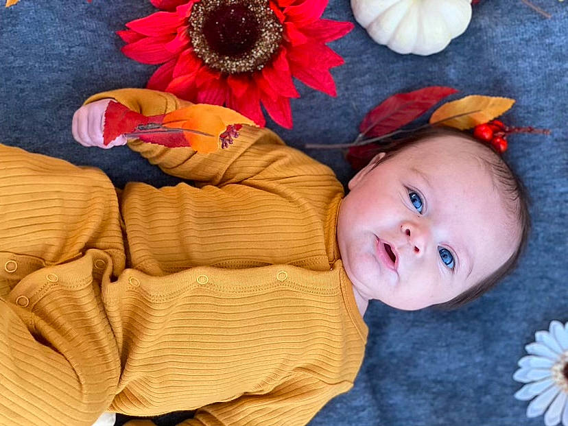 Liam joined the competition — help win amazing prizes! baby, baby_toddler_clothing, cheek, comfort, eye, face, facial_expression, flower, head, human_body, iris, nose, orange, outerwear, person, plant, product, skin, smile, textile