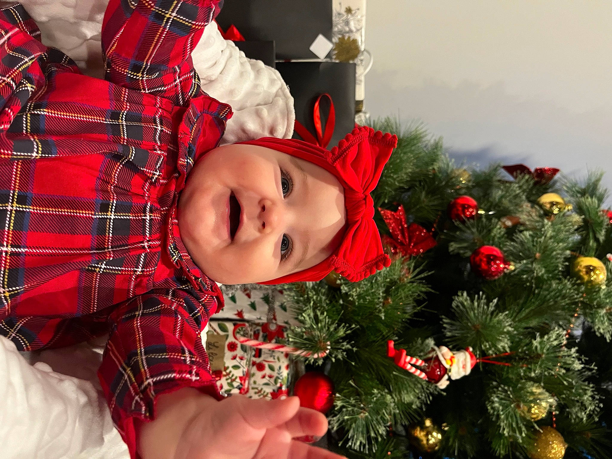 Victoire a rejoint le concours — aidez-le/la à gagner de superbes lots ! christmas, christmas_decoration, christmas_ornament, christmas_tree, event, evergreen, face, facial_expression, happy, head, headwear, holiday, holiday_ornament, ornament, person, plaid, plant, red, smile, tartan