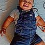 Zaedyn is registered to the contest to win money with this photo: baby, smiling, denim_overalls, white_shirt, lying_down, blanket, numbers, happy, drool, child, cute, infant, toddler, face, skin, arm, leg, indoor, playful, clothing