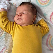 Sofia is registered to the contest to win money with this photo: baby, blanket, child, cozy, cute, fabric, face, hand, head, indoors, infant, newborn, pale_skin, pastel_colors, peaceful, rainbow_pattern, resting, sleeping, soft_texture, yellow_onesie