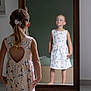 Ambre a rejoint le concours — aidez-le/la à gagner de superbes lots ! child, girl, mirror, reflection, dress, braided_hair, hair_accessory, indoor, floor, carpet, bedroom, standing, back_view, barefoot, furniture, room, wall, wooden_frame, cute, pose