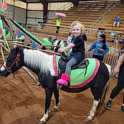 Kelly joined the competition — help win amazing prizes! animal, arena, barn, blonde, boots, child, child_riding, curly_hair, dirt_floor, fence, horse, indoor, people, person, pet, pony, recreation, saddle, smiling, spectators