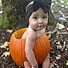 baby, pumpkin, headband, outdoor, fall, autumn, cute, child, nature, tree, ground, leaves, skin, portrait, sitting, expression, head, seasonal, holiday, playful