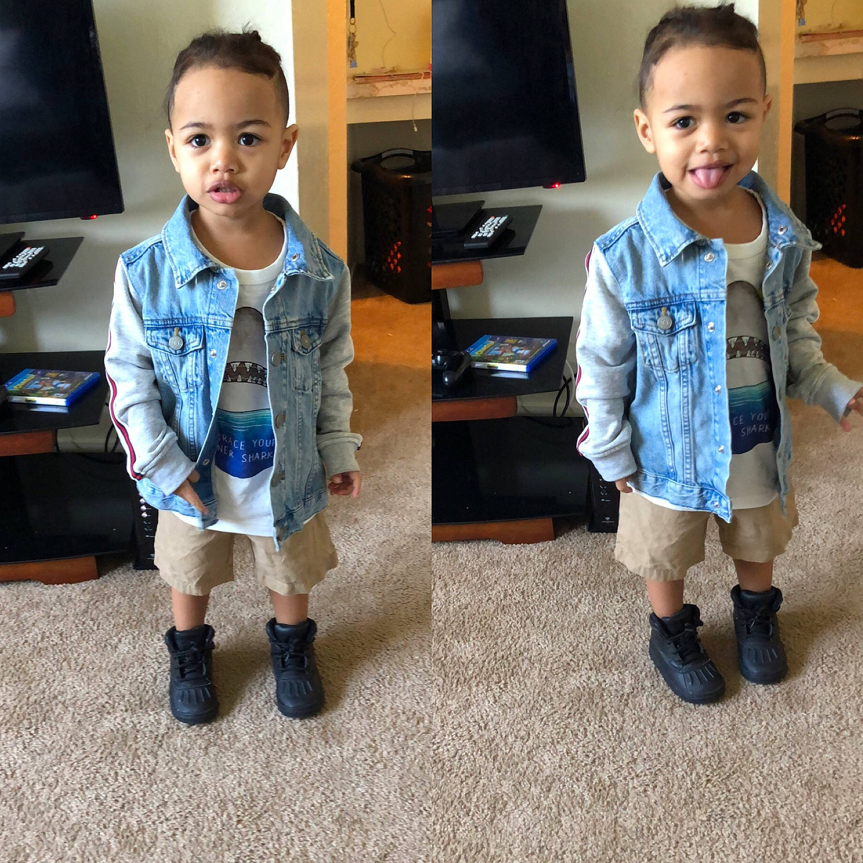 Jayceon joined the competition — help win amazing prizes! child, clothing, cool, denim, design, footwear, jacket, jeans, joy, leg, male, outerwear, pattern, person, play, shoe, shorts, sleeve, standing, t_shirt