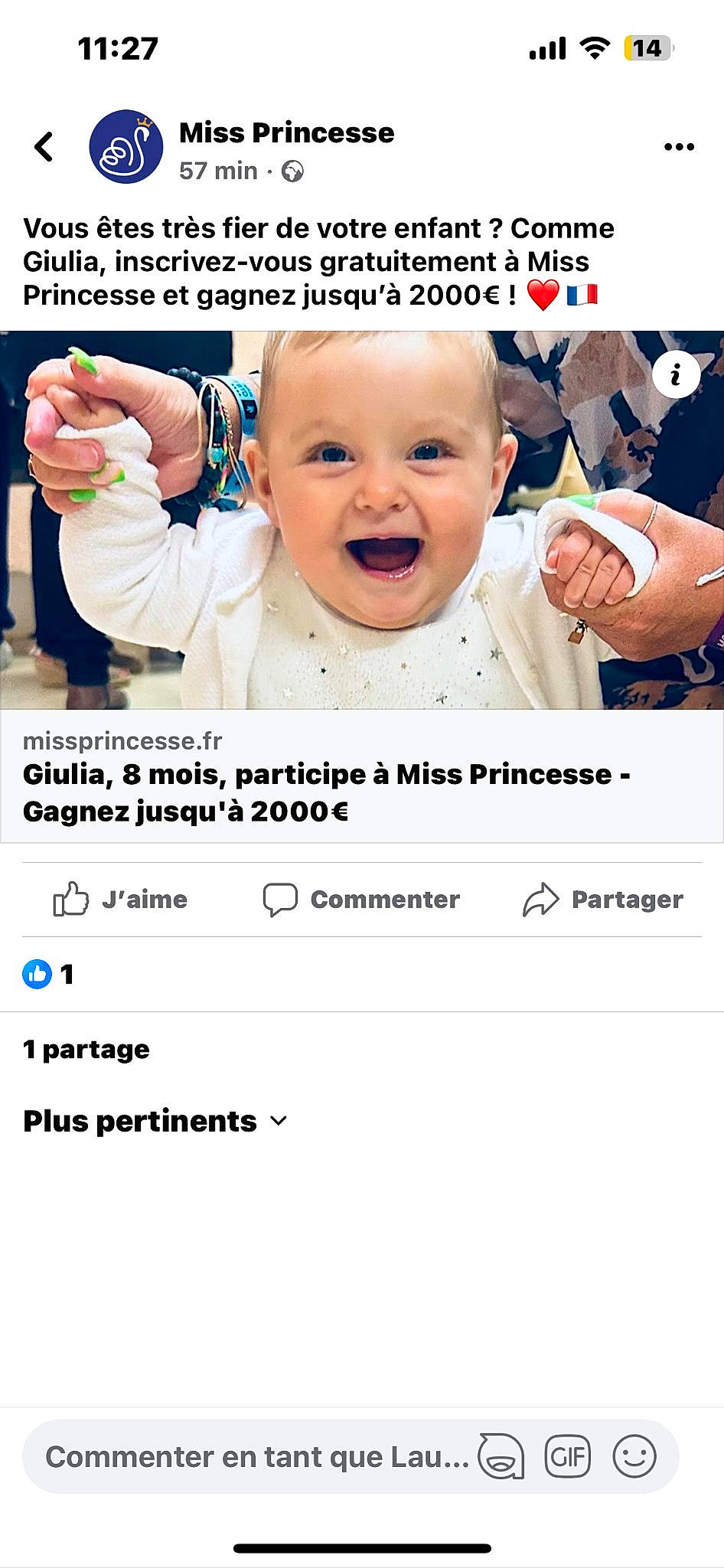 Giulia a rejoint le concours — aidez-le/la à gagner de superbes lots ! advertising, baby, baby_laughing, child, facial_expression, finger, font, gesture, happy, media, multimedia, nose, person, photo_caption, product, screenshot, sleeve, smile, stock_photography, thumb