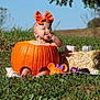 Kenadi joined the competition — help win amazing prizes! baby, pumpkin, bow, outdoor, grass, hay_bale, decorative_pumpkin, child, cute, autumn, festive, greenery, sunlight, nature, smiling, messy_face, toy, orange, purple, holiday