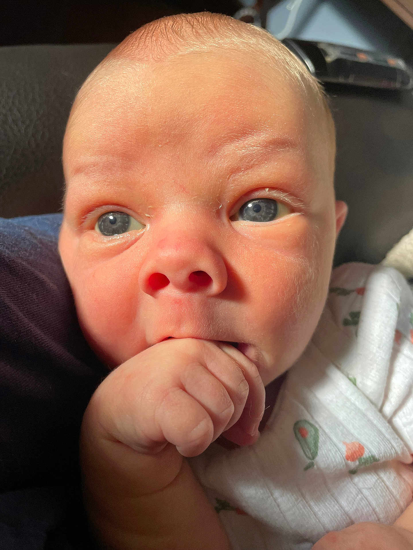 Logan is registered to the contest to win money with this photo: baby, newborn, infant, face, blue_eyes, hand, fist, finger, mouth, nose, close_up, portrait, onesie, swaddle, avocado_pattern, skin, eyelashes, forehead, cheek, curious_expression