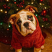 Pumpkin joined the competition — help win amazing prizes! bulldog, puppy, dog, red_sweater, christmas_tree, holiday, decorations, pinecones, lights, snowflakes, carpet, indoors, festive, cute, pet, animal, warm, cozy, portrait, seasonal