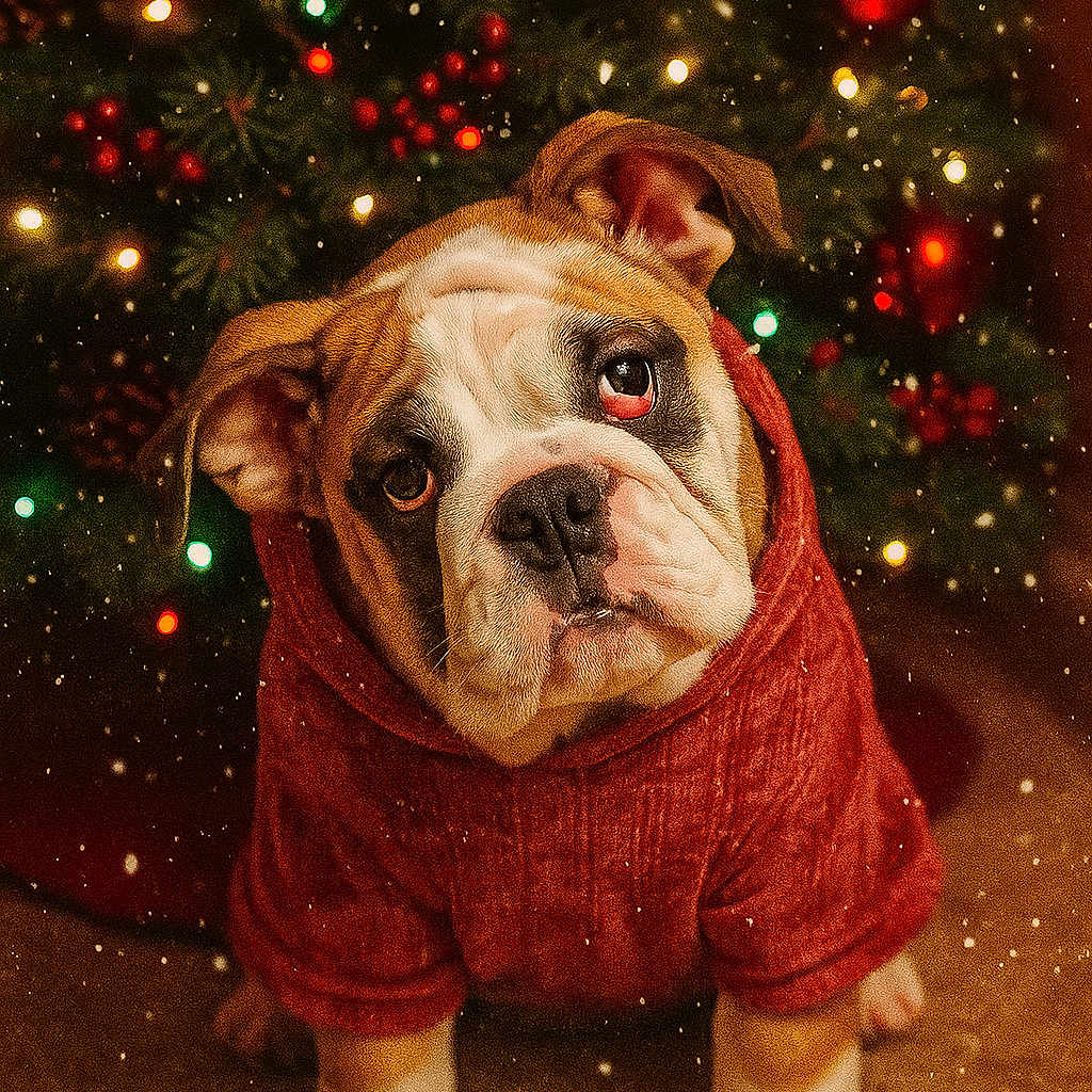 Pumpkin joined the competition — help win amazing prizes! animal, bulldog, carpet, christmas_tree, cozy, cute, decorations, dog, festive, holiday, indoors, lights, pet, pinecones, portrait, puppy, red_sweater, seasonal, snowflakes, warm