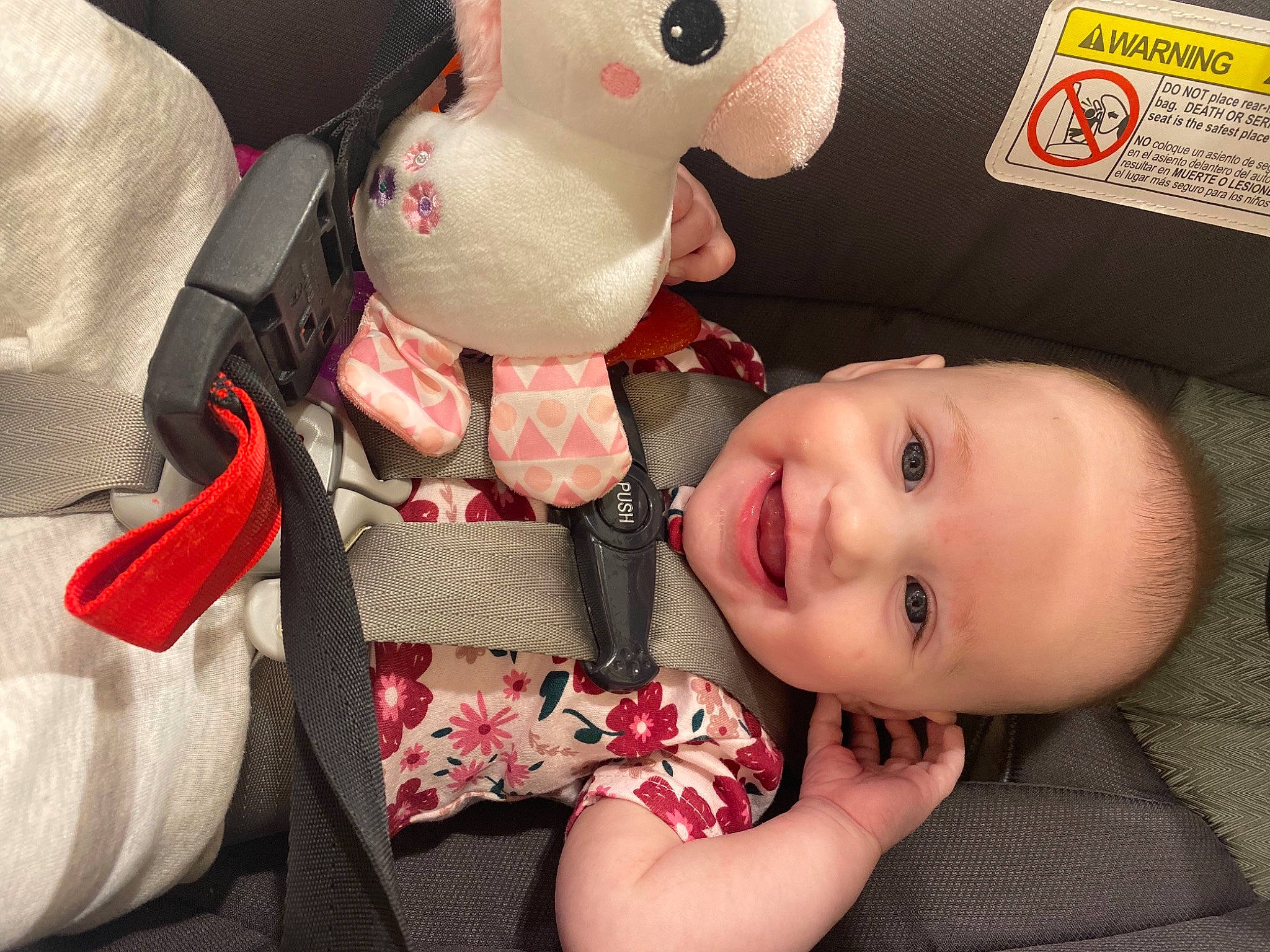 Ashlyn is registered to the contest to win money with this photo: baby, baby_products, baby_toddler_clothing, cheek, child, comfort, eye, finger, happy, joy, nose, pattern, person, pink, plush, red, skin, smile, stuffed_toy, textile