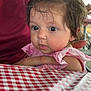 baby, child, person, face, hair, hand, table, tablecloth, checkered, pink_clothing, curious, indoors, adult_hand, holding, portrait, closeup, expression, skin, seat, window