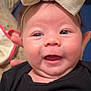 Blakely is registered to the contest to win money with this photo: baby, infant, headband, large_bow, smiling, face, eyes, cheeks, chubby_cheeks, open_mouth, drool, onesie, black_clothing, close_up, portrait, newborn, hands, bedding, blanket, soft_lighting