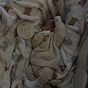 Amari-Alexander is registered to the contest to win money with this photo: baby, blanket, sleeping, pacifier, infant, soft_toy, cozy, teddy_bear_pattern, warm_clothing, mittens, wooden_plaque, one_month, newborn, cute, resting, indoor, portrait, person, child, baby_clothes