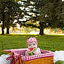 baby, child, watermelon, basket, picnic, headband, grass, outdoor, summer, trees, flower, greenery, checkered, cute, food, fruit, nature, sunlight, happy, playful