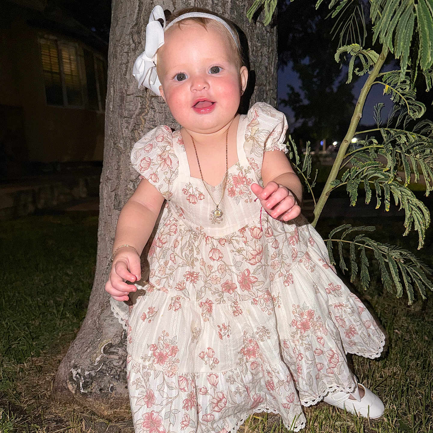 Maddison joined the competition — help win amazing prizes! baby, child, portrait, smiling, outdoors, night, tree, grass, dress, floral_dress, hair_bow, headband, necklace, shoes, sitting, standing, garden, flash_photography, nature, cute