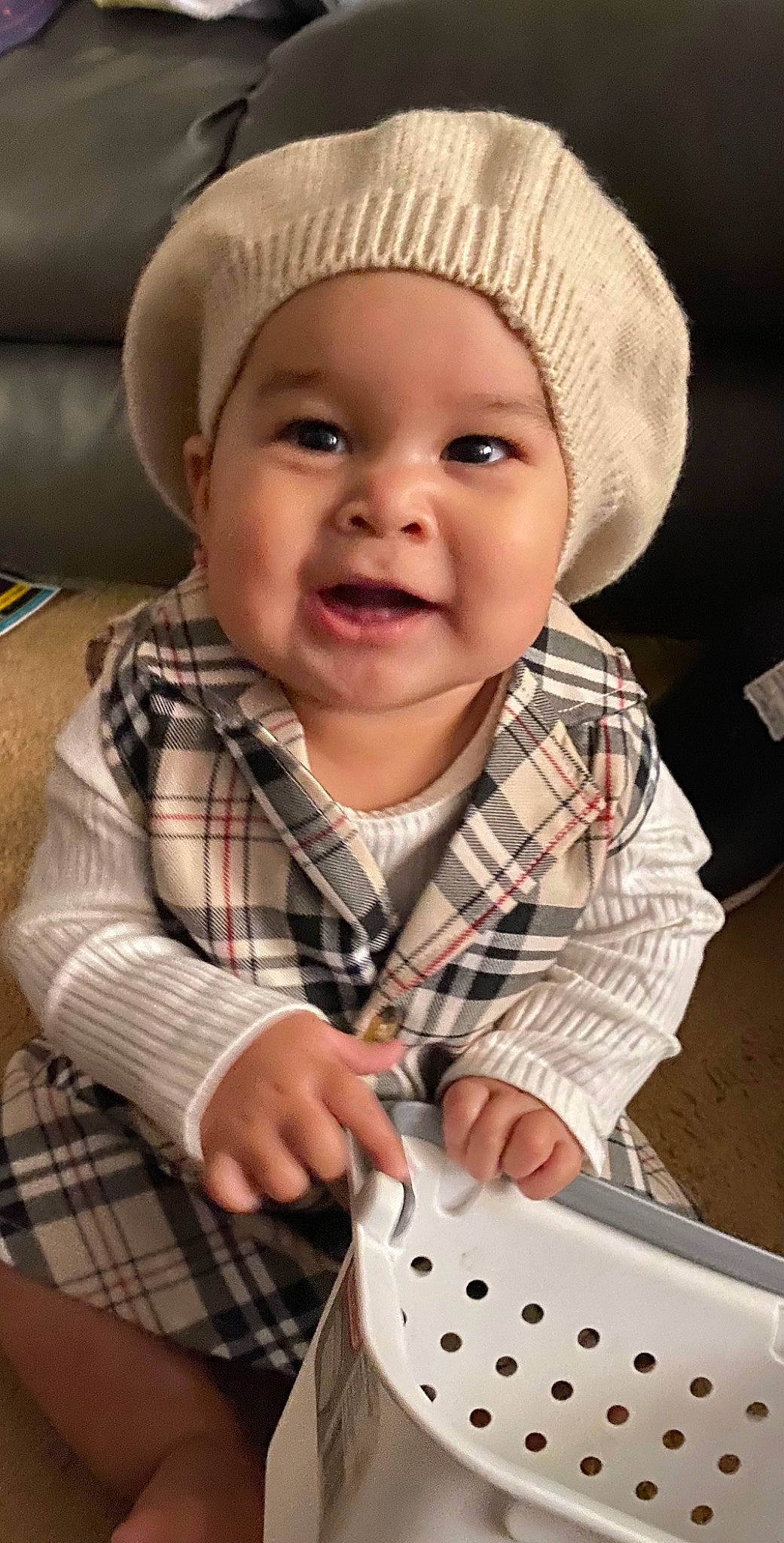 Laila joined the competition — help win amazing prizes! baby, baby_toddler_clothing, cap, cheek, child, eye, happy, head, headwear, human, lip, nose, pattern, people, person, photograph, plaid, skin, sleeve, smile