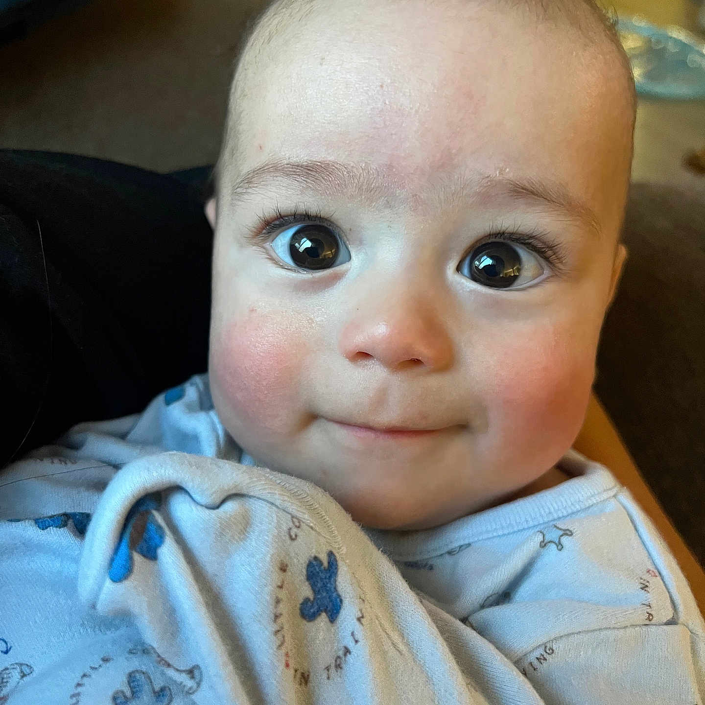 Arlus joined the competition — help win amazing prizes! baby, blanket, blue_clothing, child, close_up, cozy, curious, cute, expression, eyes, face, indoors, infant, portrait, rosy_cheeks, skin, smile, soft_lighting, wrapped, young