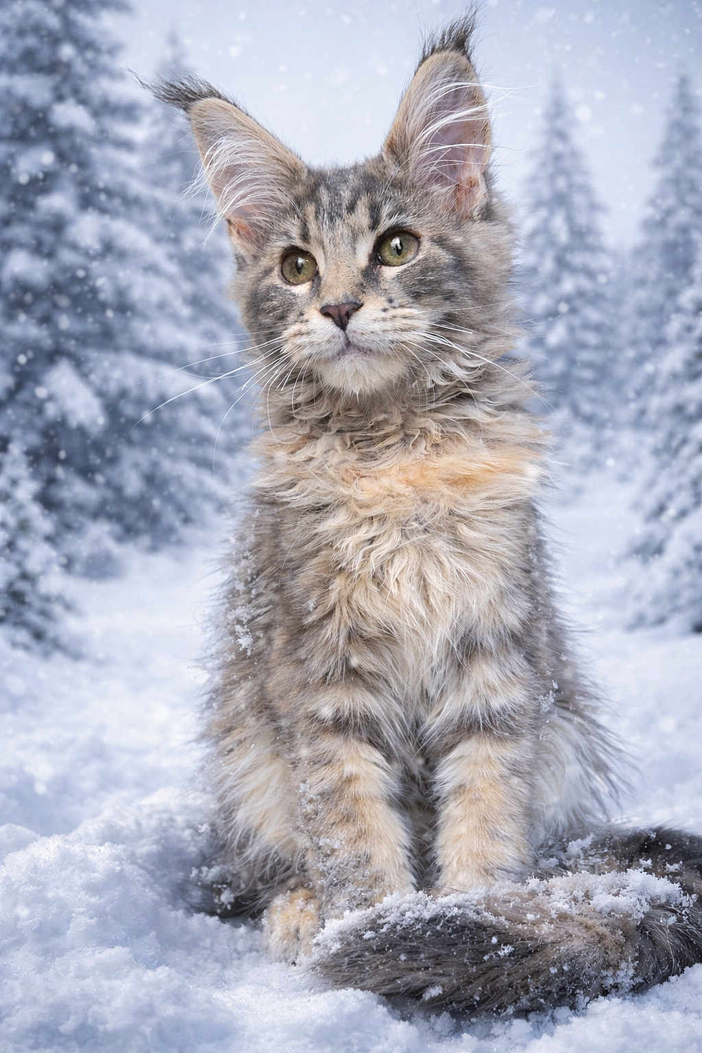Arizona participe au concours pour gagner de l'argent avec cette photo : cat, kitten, maine_coon, furry, snow, winter, forest, trees, snowfall, outdoor, portrait, pet, whiskers, paws, fluffy_fur, cute, looking_up, close_up, sitting, cold