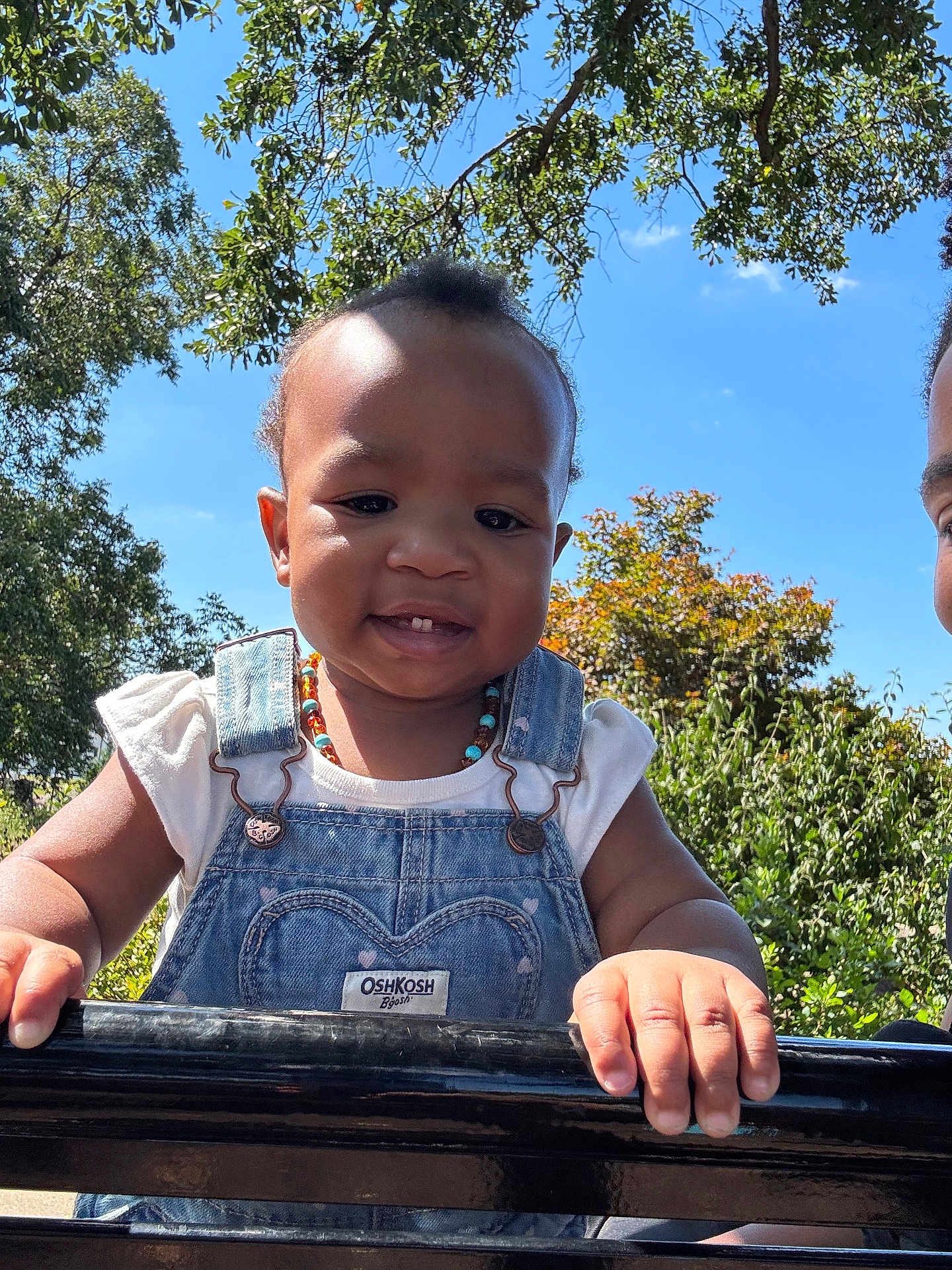 Anaya is registered to the contest to win money with this photo: toddler, child, smiling, denim_overalls, beaded_necklace, outdoor, sunlight, trees, blue_sky, greenery, hands, portrait, baby, happy, person, nature, daylight, cute, clothing, face