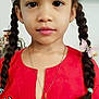 Lise a rejoint le concours — aidez-le/la à gagner de superbes lots ! child, girl, braids, butterfly_clips, red_clothing, necklace, portrait, indoor, face, young, cute, fashion, jewelry, hair, person, casual, closeup, expressionless, background, decor