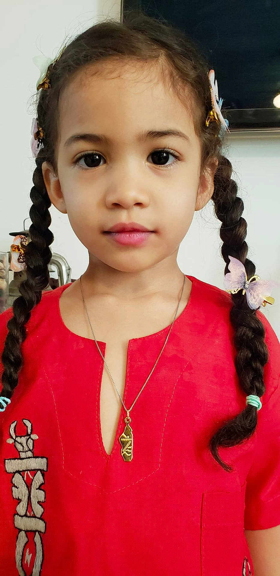 Lise a rejoint le concours — aidez-le/la à gagner de superbes lots ! child, girl, braids, butterfly_clips, red_clothing, necklace, portrait, indoor, face, young, cute, fashion, jewelry, hair, person, casual, closeup, expressionless, background, decor