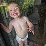 toddler, child, smiling, diaper, glass, door, reflection, garden, outdoor, indoor, happy, barefoot, messy, curious, playful, face, hand, window, foot, portrait