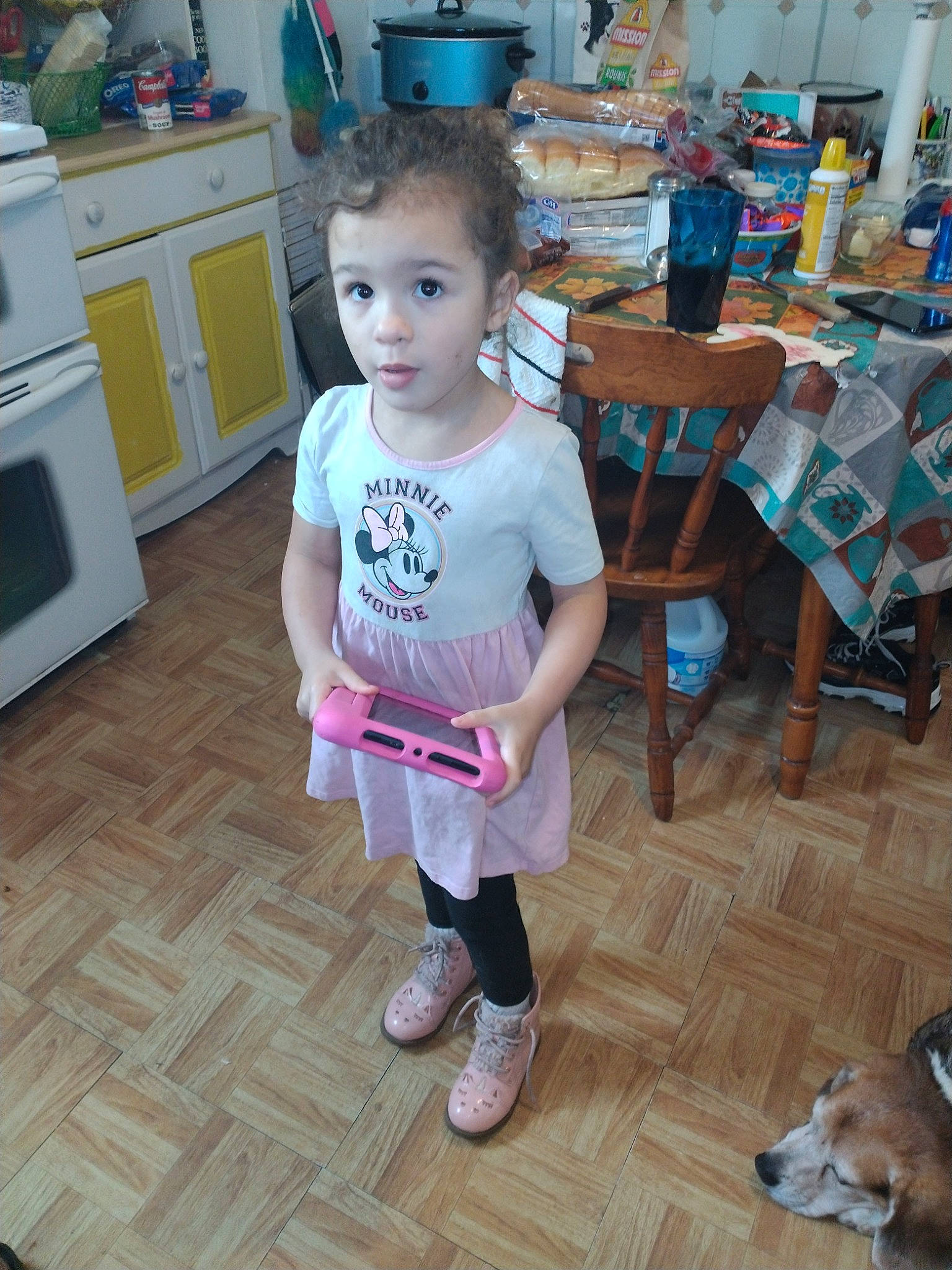 Lillianna joined the competition — help win amazing prizes! baby_toddler_clothing, child, cooktop, dog, floor, flooring, gas_stove, hardwood, home_appliance, kitchen, kitchen_appliance, kitchen_stove, laminate_flooring, major_appliance, microwave_oven, person, room, stove, t_shirt, toddler