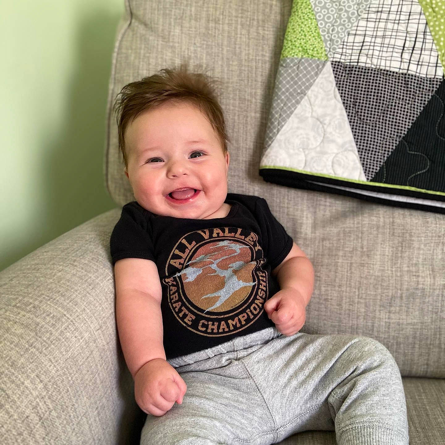 Kade joined the competition — help win amazing prizes! baby, child, cushion, joy, person, sitting, sleeve, t_shirt, toddler