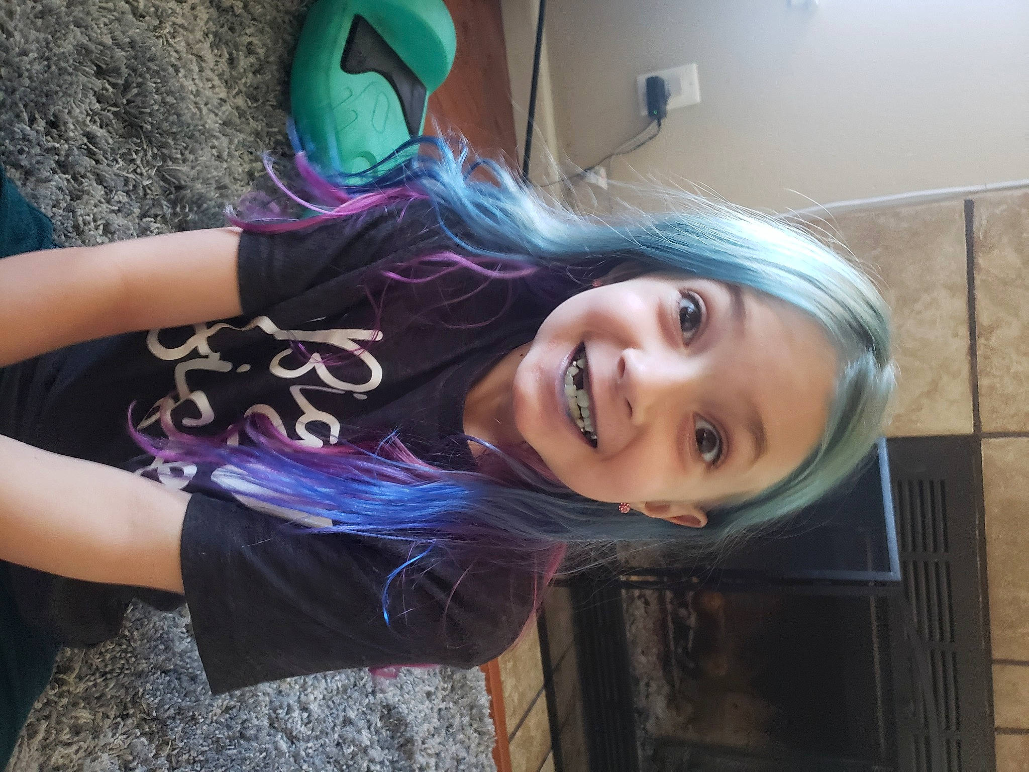 Skarlett is registered to the contest to win money with this photo: black_hair, cool, electric_blue, eye, eyebrow, eyewear, face, flash_photography, happy, joy, long_hair, magenta, mouth, neck, person, pink, purple, shoulder, skin, smile