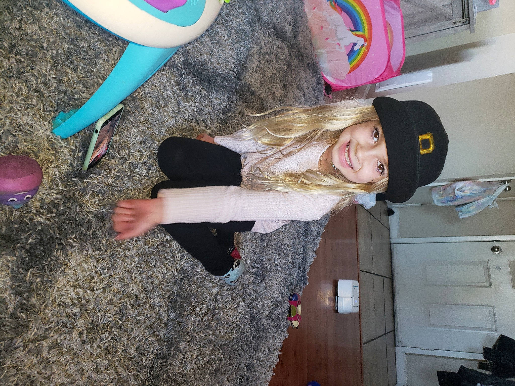 Skarlett joined the competition — help win amazing prizes! balloon, blond, cabinetry, electric_blue, foot, fun, hairstyle, hat, headwear, human_leg, joint, joy, knee, leg, person, photograph, pink, smile, snapshot, textile