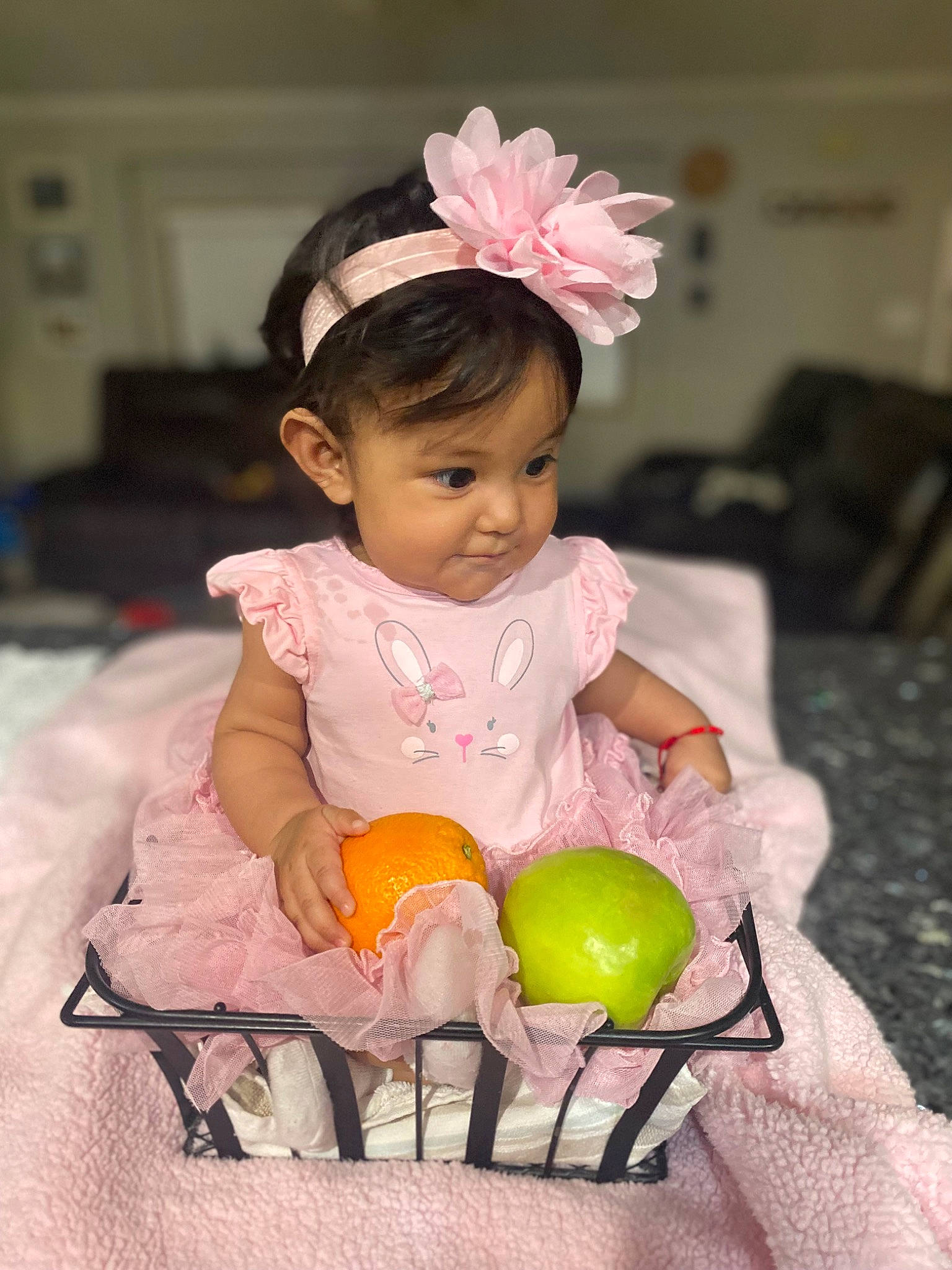 Camila joined the competition — help win amazing prizes! baby, baby_toddler_clothing, cheek, child, dress, event, eye, fun, happy, headband, headgear, headpiece, party_supply, person, pink, sitting, skin, sleeve, sweetness, toddler