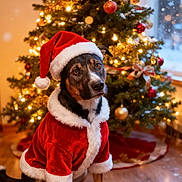Lucious Jr joined the competition — help win amazing prizes! dog, santa_hat, santa_suit, christmas_tree, christmas_lights, ornaments, holiday, indoor, festive, decorations, wood_floor, cute, pet, animal, seasonal, christmas, warm_lighting, holiday_spirit, pose, costume