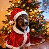 dog, santa_hat, santa_suit, christmas_tree, christmas_lights, ornaments, holiday, indoor, festive, decorations, wood_floor, cute, pet, animal, seasonal, christmas, warm_lighting, holiday_spirit, pose, costume