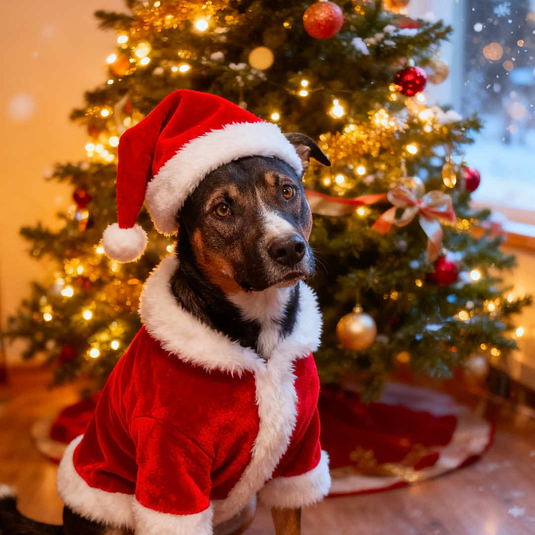 Lucious Jr joined the competition — help win amazing prizes! dog, santa_hat, santa_suit, christmas_tree, christmas_lights, ornaments, holiday, indoor, festive, decorations, wood_floor, cute, pet, animal, seasonal, christmas, warm_lighting, holiday_spirit, pose, costume