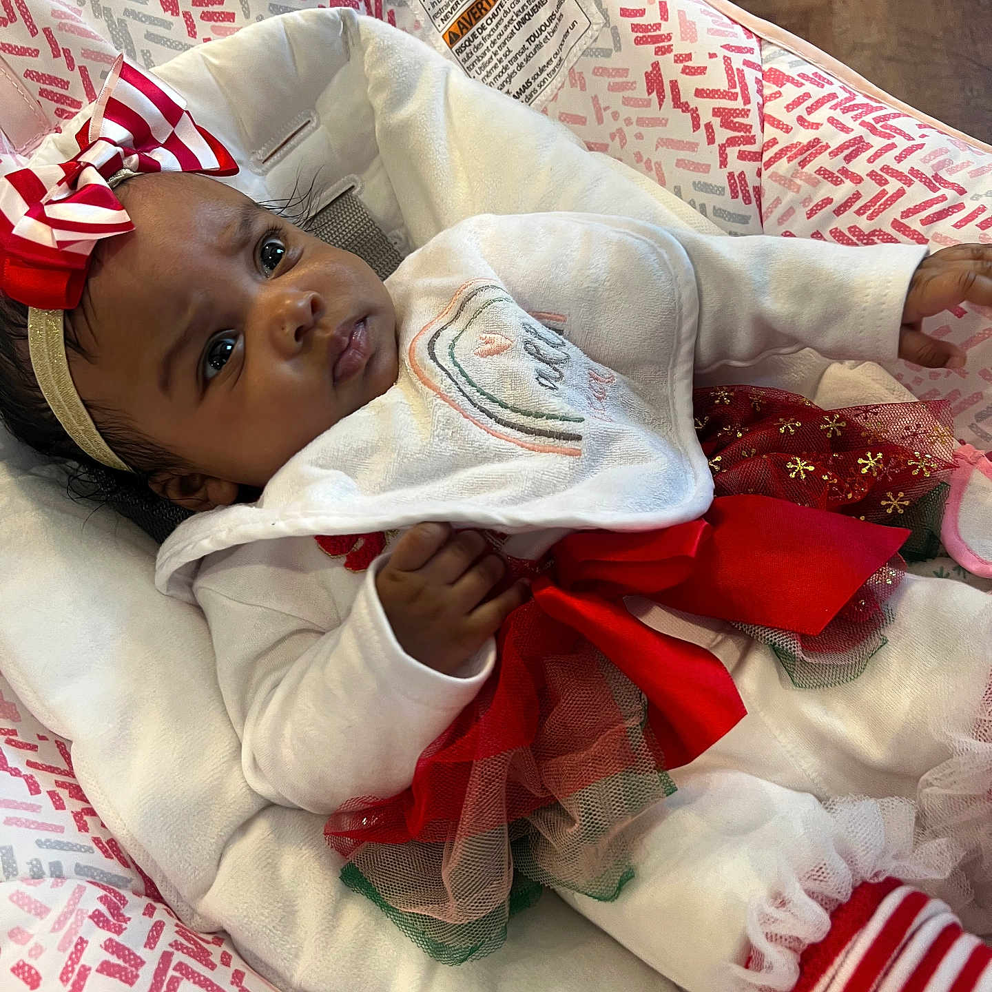 Yahrae joined the competition — help win amazing prizes! baby, bow, child, closeup, comfortable, cushion, cute, headband, holiday_outfit, indoor, infant, newborn, patterned_fabric, person, portrait, red_bow, soft_texture, striped_socks, tutu_skirt, white_outfit