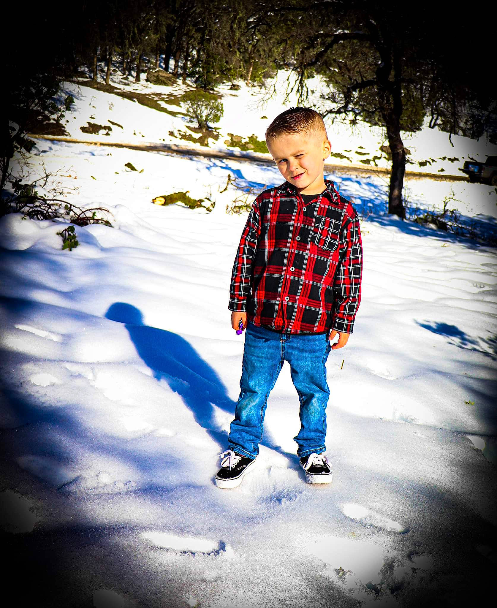 Scottie Bear is registered to the contest to win money with this photo: branch, child, cool, electric_blue, flash_photography, freezing, gesture, happy, jeans, joy, leisure, people_in_nature, person, plaid, plant, recreation, snow, tartan, tints_and_shades, toddler