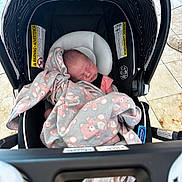 Adaline is registered to the contest to win money with this photo: baby, bear, black, blanket, car_seat, child, comfort, cozy, fabric, head, infant, newborn, pattern, person, pink, safety, seat, sleeping, tiled_floor, warning_label