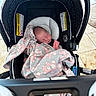 baby, bear, black, blanket, car_seat, child, comfort, cozy, fabric, head, infant, newborn, pattern, person, pink, safety, seat, sleeping, tiled_floor, warning_label