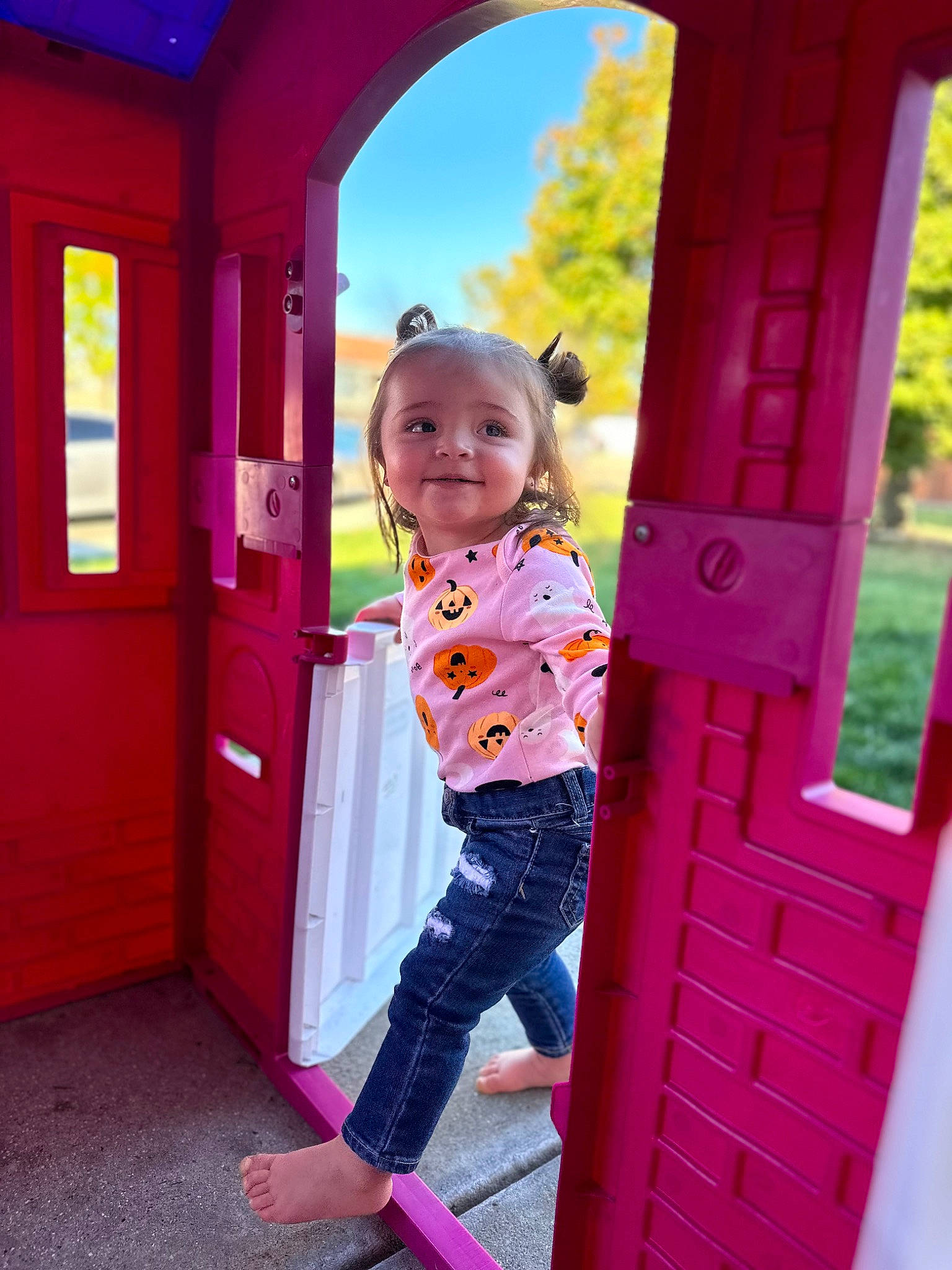 Oaklee is registered to the contest to win money with this photo: baby_toddler_clothing, beauty, child, door, fun, happy, human_settlement, joy, leisure, magenta, people, person, pink, product, public_space, purple, recreation, red, standing, tints_and_shades