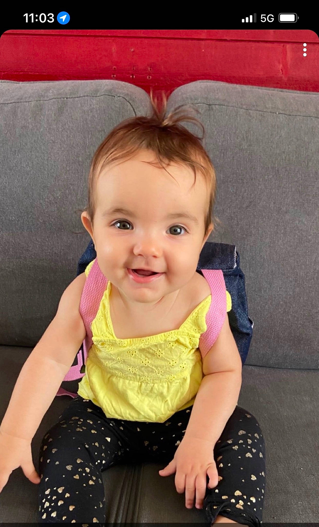 Jade participe au concours pour gagner de l'argent avec cette photo : baby, baby_toddler_clothing, beauty, black, cheek, child, eyelash, happy, joy, magenta, pattern, person, photograph, pink, product, sitting, skin, sleeve, smile, textile