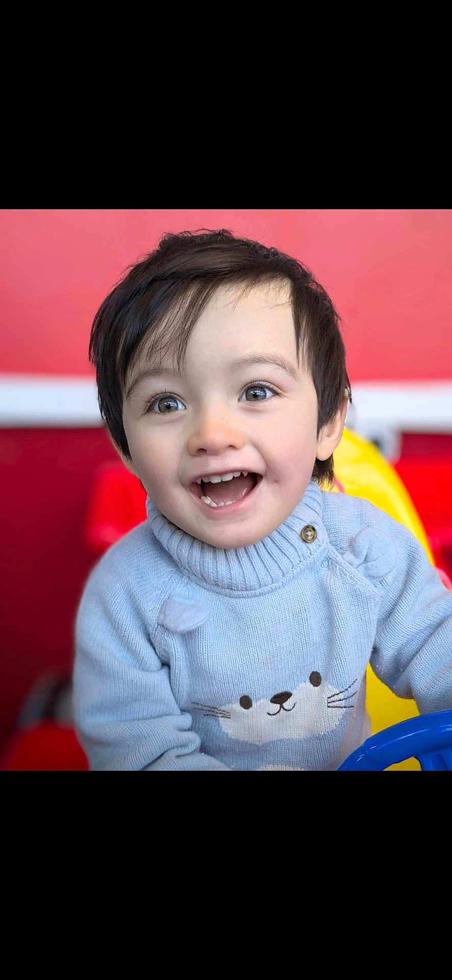 Aiden a rejoint le concours — aidez-le/la à gagner de superbes lots ! child, toddler, smiling, happy, face, sweater, cat_design, blue_sweater, play_area, toy_steering_wheel, indoor, short_hair, cute, young_child, portrait, bright_colors, red_background, yellow_background, closeup, person