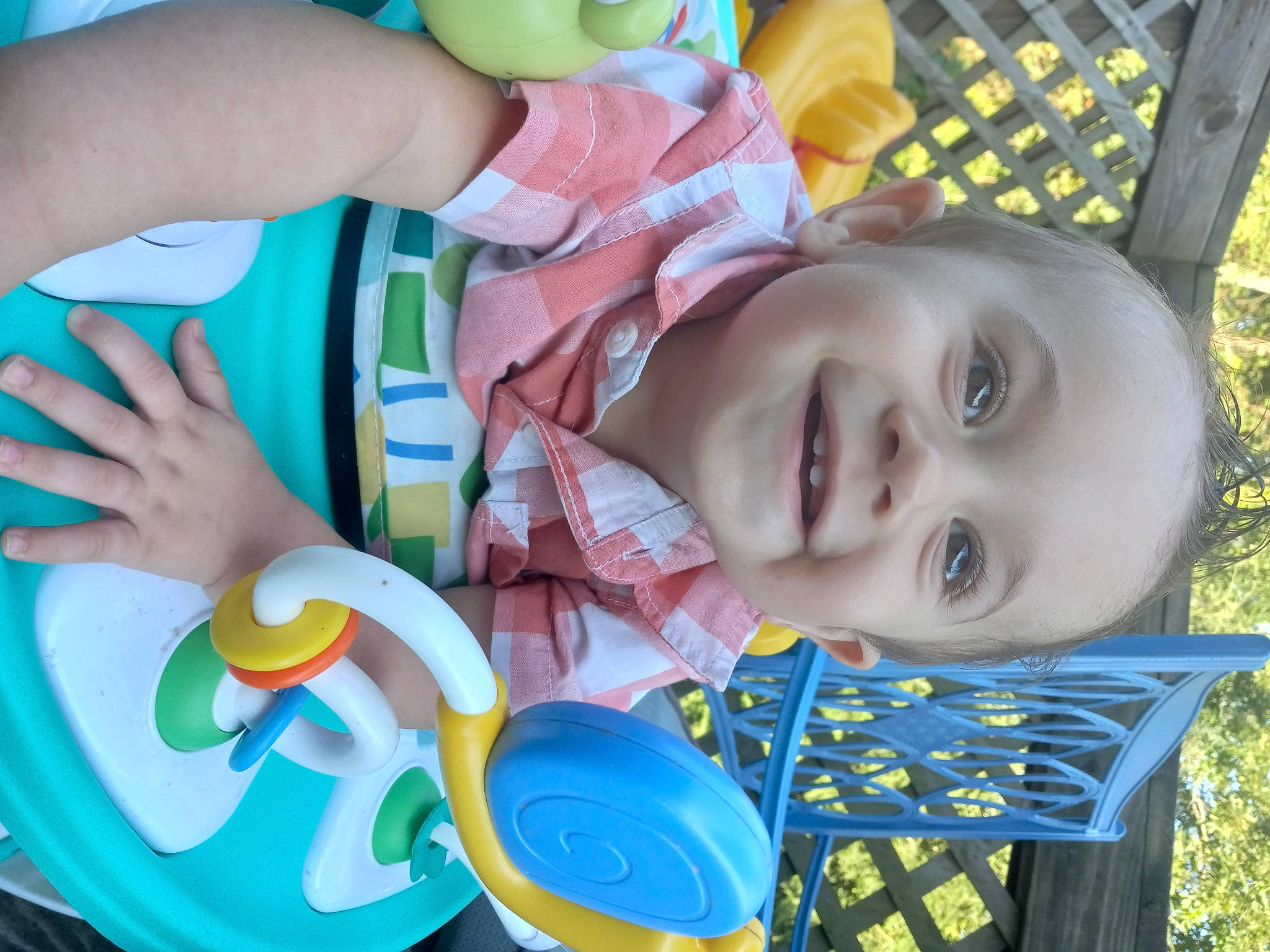 Jenson joined the competition — help win amazing prizes! baby, baby_playing_with_toys, baby_toddler_clothing, blue, cheek, child, facial_expression, finger, fun, hand, happy, joy, leisure, mouth, nail, organ, person, product, smile, thumb