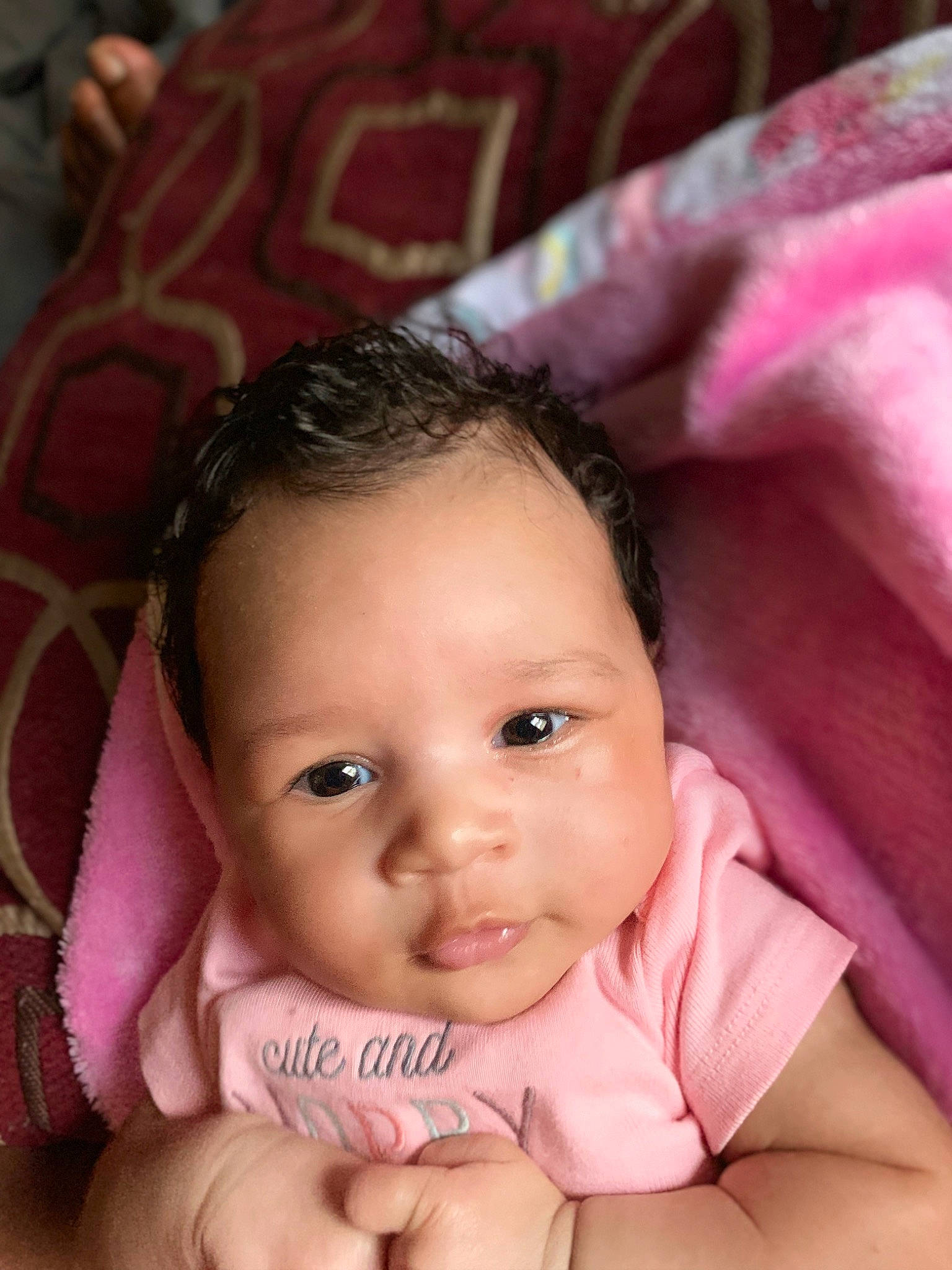 Isadora joined the competition — help win amazing prizes! baby, baby_toddler_clothing, black_hair, cheek, chin, ear, eye, eyebrow, eyelash, finger, gesture, hand, happy, iris, lip, mouth, nose, person, pink, skin